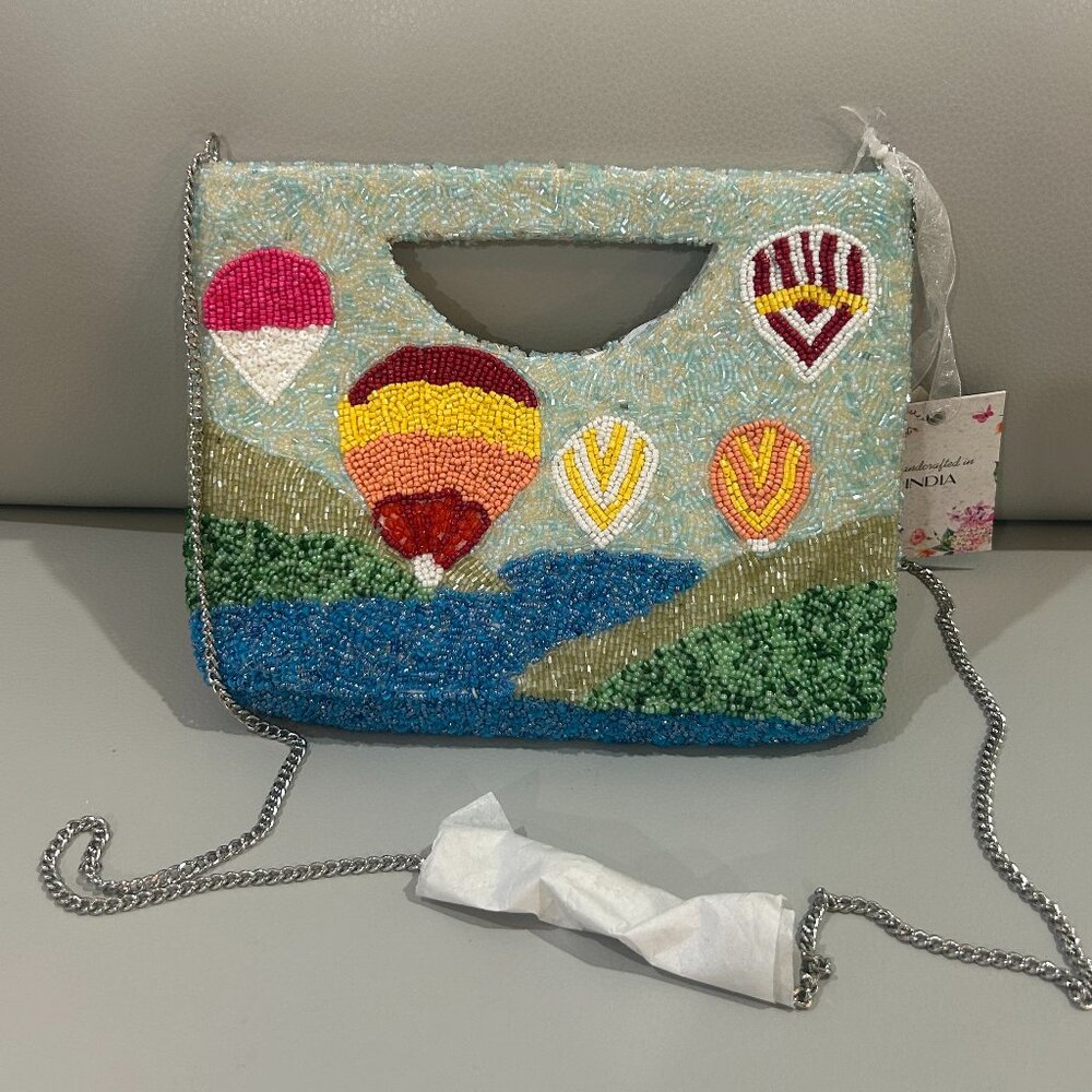 Handcrafted in India Beaded Bag Hot Air Balloons Clutch Crossbody Handbag NWT